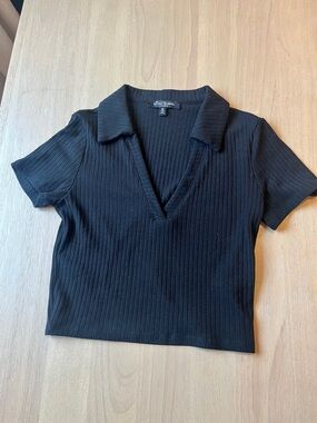 Women’s Mixed Threads Black Ribbed Polo V-Neck Top Size Medium
